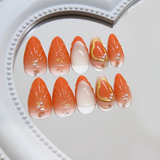 Tropical Bliss Medium Almond Shaped Orange Ombre Press On Nail Set with Pearl and Gold Accents