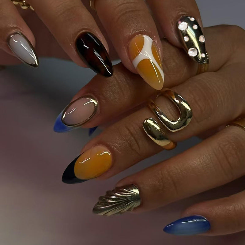 Bohemian Vibes Medium Almond Multicolored Press-On Nail Set with Unique Abstract Art Design