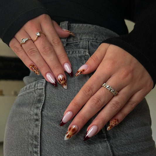 Safari Glamorous Medium Almond Teal and Burgundy Nail Set with Stunning Animal Print Accents