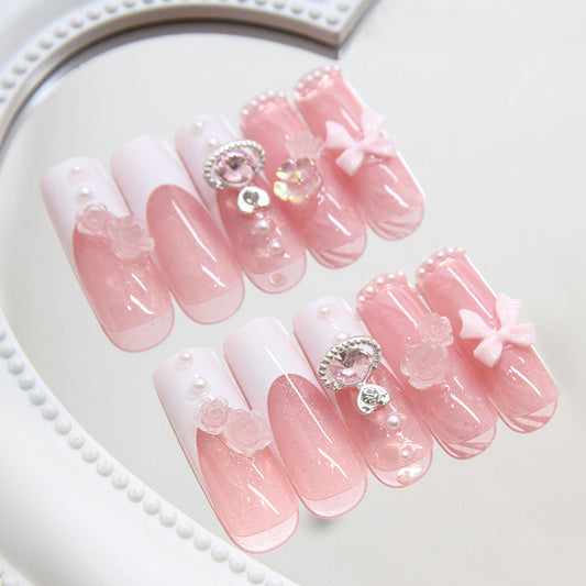Whimsical Blossom Dream Press On Nail Set Long Square Shape Soft Pink Color Adorned with Pearls and Floral Accents