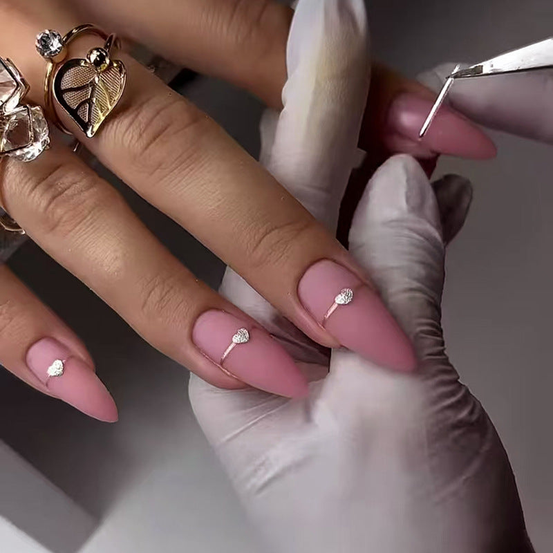 Chic Romance Long Pink Almond Press On Nail Set with Heart Accents