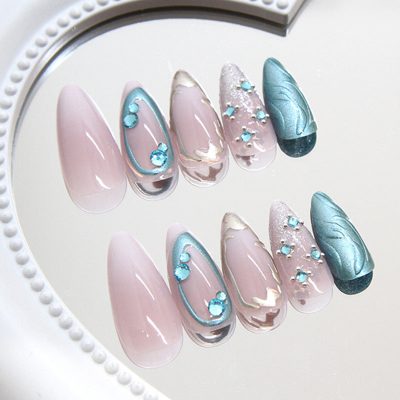 Enchanting Ocean Breeze Medium Almond Shaped Soft Pink with Aqua Accents and Glimmering Gems Press on Nail Set