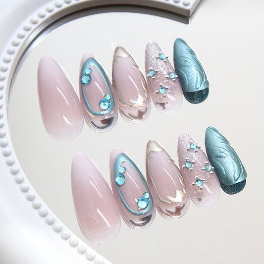 Enchanting Ocean Breeze Medium Almond Shaped Soft Pink with Aqua Accents and Glimmering Gems Press on Nail Set
