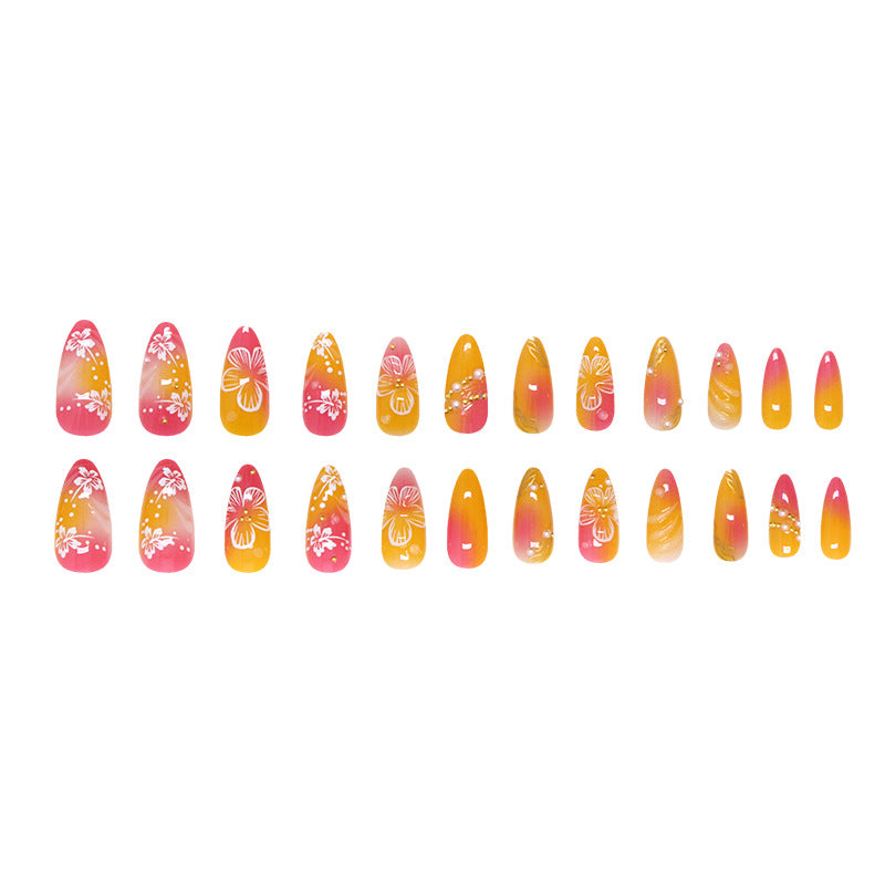 Tropical Paradise Elegant Medium Almond Gradient Pink and Yellow Floral Press On Nail Set