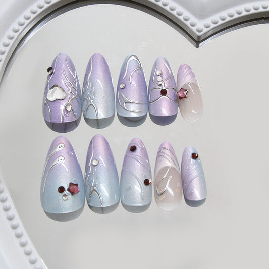 Whimsical Dreamscape Medium Almond Ombre Lavender and Blue Nail Set with Elegant Floral Accents and Gemstone Embellishments