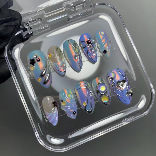 Set of colorful fishing lures in a clear container on a gray background