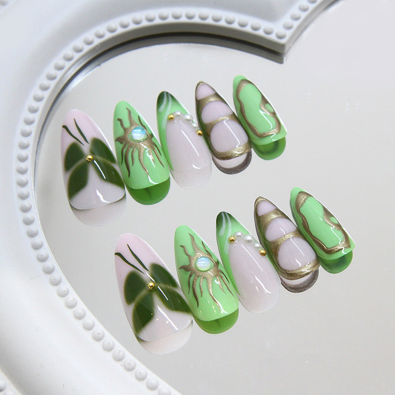 Nature's Radiance Medium Almond Green and Pink Multi-Textured Press-On Nail Set with Elegant Pearl Accents