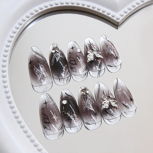 Mystical Elegance Medium Almond Black Ombre Press On Nail Set with Unique Butterfly and Gem Accents