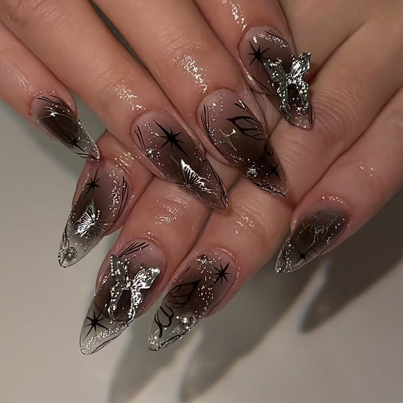 Enchanting Starry Night Long Almond Press On Nails in Ombre Black and Clear with Glittering Butterfly Accents