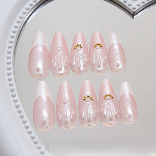 Delicate Blossom Elegant Medium Almond Shaped Soft Pink Press On Nail Set with Unique Glossy Finish and Charming Gold Accents