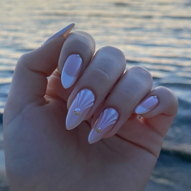 Ocean Breeze Elegant Medium Almond Shaped Pink Press On Nail Set with Shimmering Accent Gems