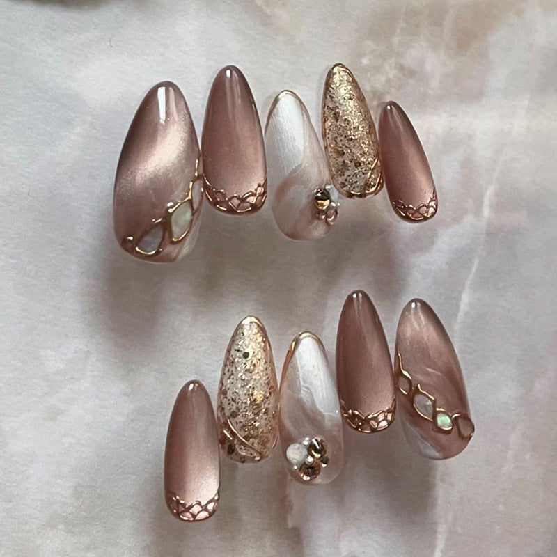 Glamorous Elegance Medium Almond Shaped Length Rose Gold and Ivory Ombre Press On Nail Set with Chic Gemstone Accents