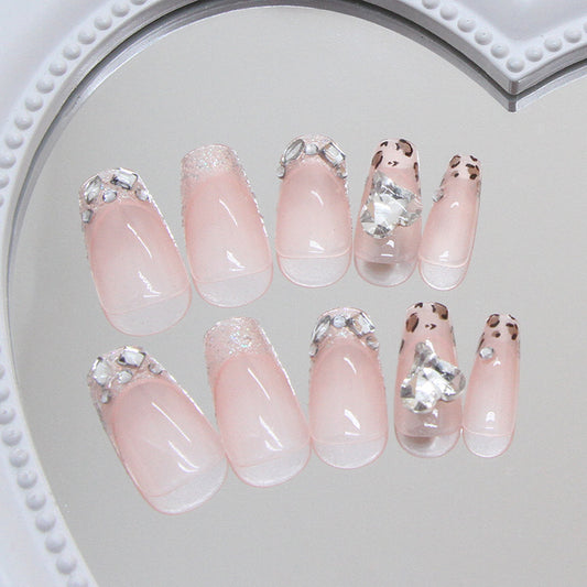 Glamorous Pink Medium Coffin Press On Nail Set Featuring Stunning Rhinestone Accents and Chic Leopard Print Design