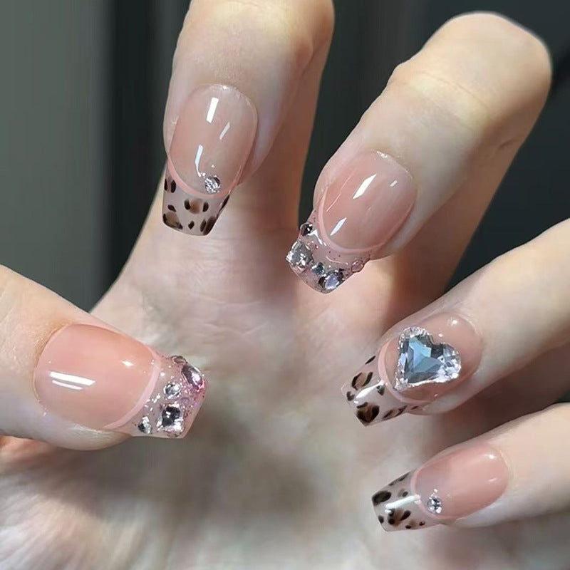 Glamorous Animal Print Medium Square Shape Pink With Sparkling Heart and Gemstone Accents Press On Nail Set