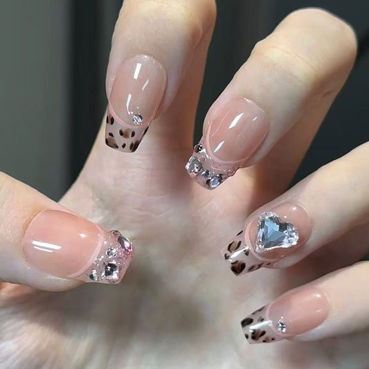 Glamorous Animal Print Medium Square Shape Pink With Sparkling Heart and Gemstone Accents Press On Nail Set