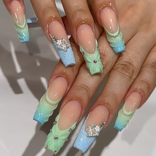 Mermaid Dreams Long Coffin Mint Green and Blue Press on Nail Set with Stunning Gemstone Accents