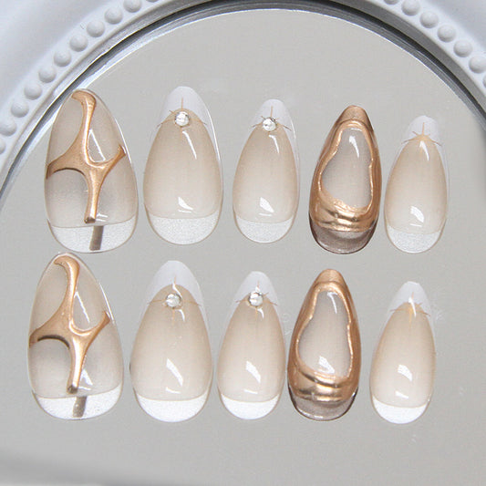 Glamorous Serenity Elegant Medium Almond Shaped Beige Press On Nails with Gold Accent and Gem Detail