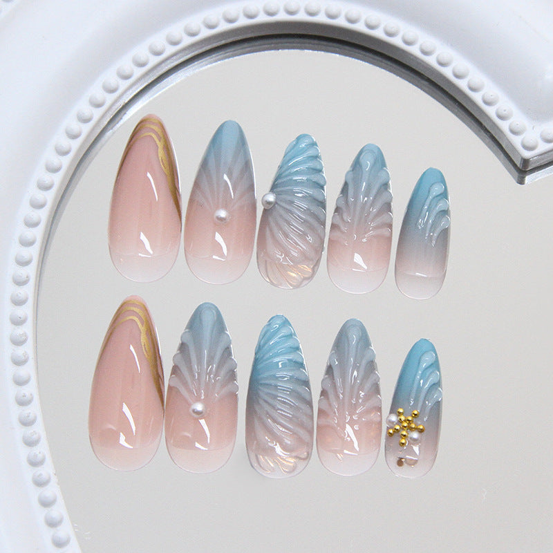 Dreamy Ocean Breeze Medium Almond Ombre Pink and Blue with Pearlescent Accents