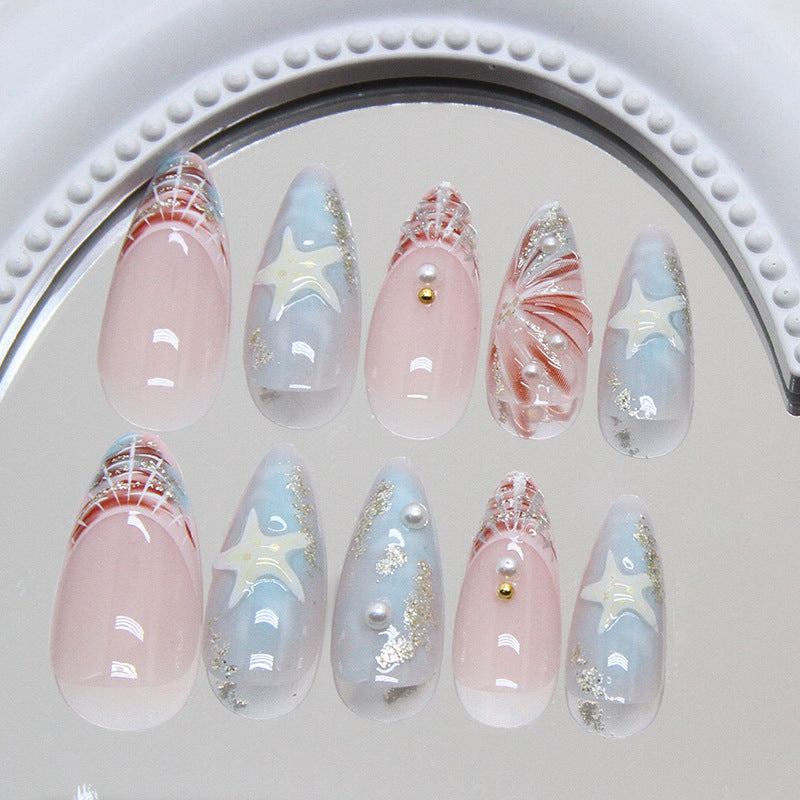 Ocean Breeze Elegant Medium Almond Shaped Light Pink and Sky Blue Press On Nail Set with Starfish and Pearl Accents