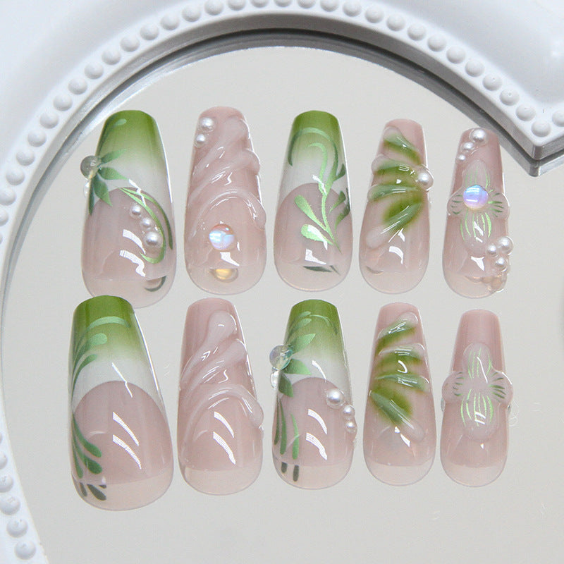 Botanical Elegance Green Ombre Medium Coffin Nails with Intricate Floral Designs and Stunning Pearl Accents