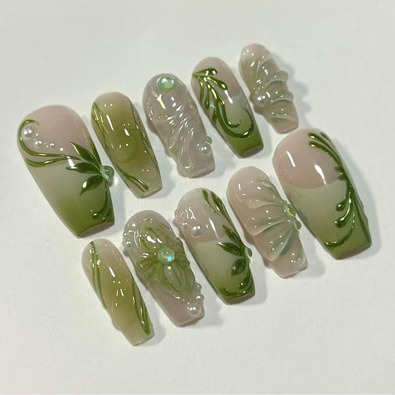 Botanical Elegance Medium Coffin Green Ombre Press On Nail Set with Opalescent Accents and Floral Designs