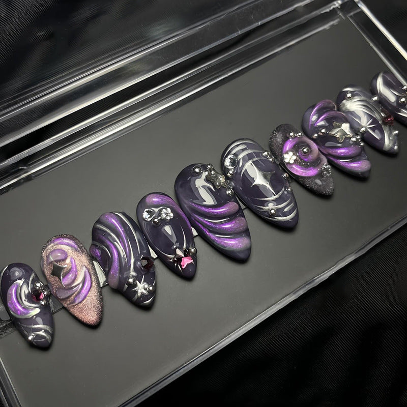 Celestial Elegance Short Almond Curvy Dark Purple Glamorous Press-On Nail Set with Marvelous Swirl Designs and Sparkling Accents
