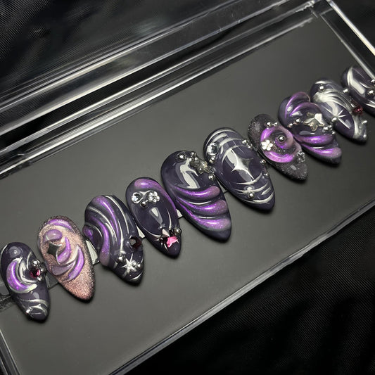 Celestial Elegance Short Almond Curvy Dark Purple Glamorous Press-On Nail Set with Marvelous Swirl Designs and Sparkling Accents