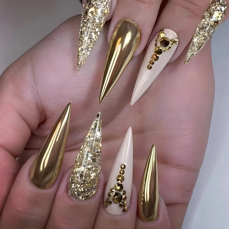 Glamorous Golden Elegance Long Stiletto Shaped Press On Nail Set with Dazzling Rhinestone Accents