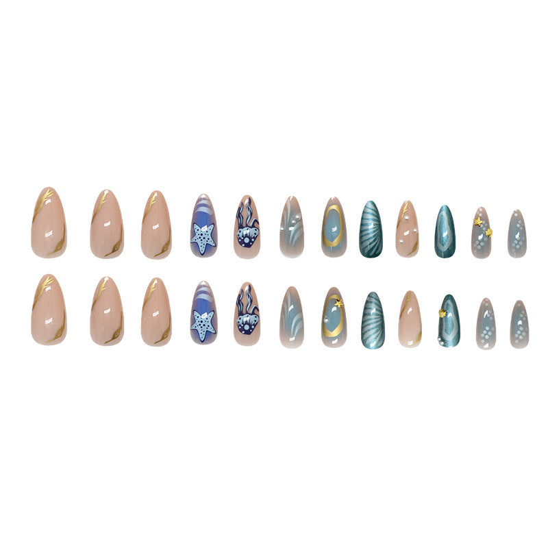 Whimsical Ocean Vibes Short Almond Beige and Teal Press On Nail Set with Dreamy Underwater Designs