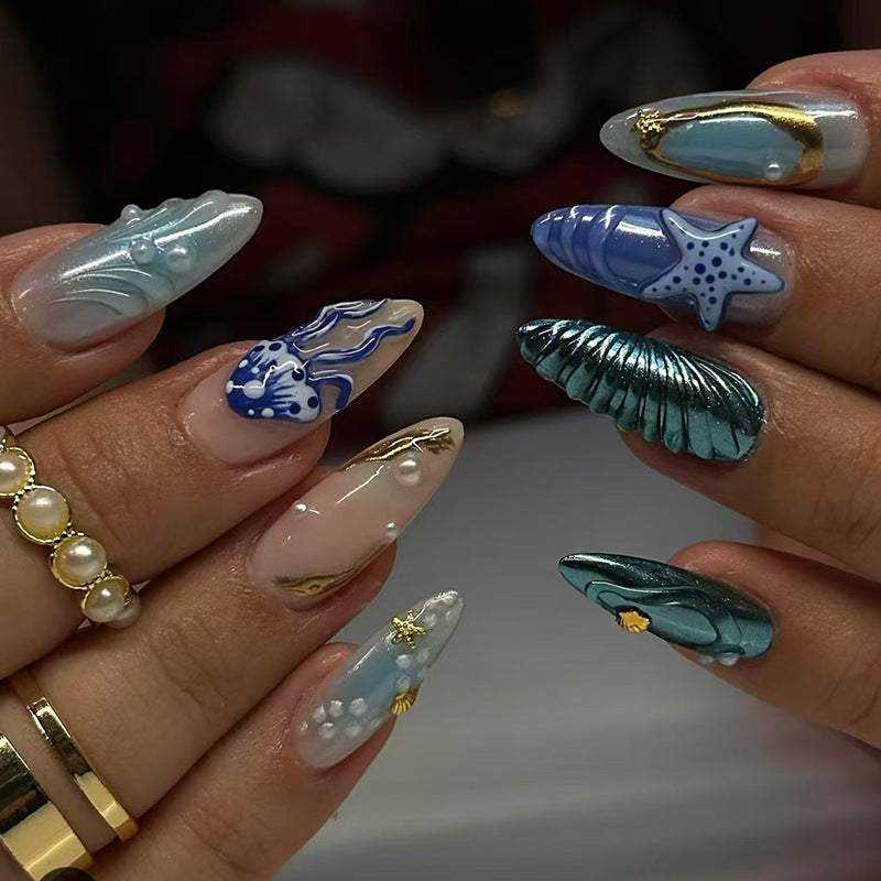 Oceanic Dream Long Almond Blue Glossy Press On Nail Set with Unique Seashell and Marine Designs