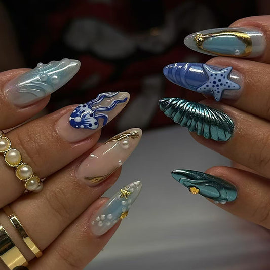 Oceanic Dream Long Almond Blue Glossy Press On Nail Set with Unique Seashell and Marine Designs