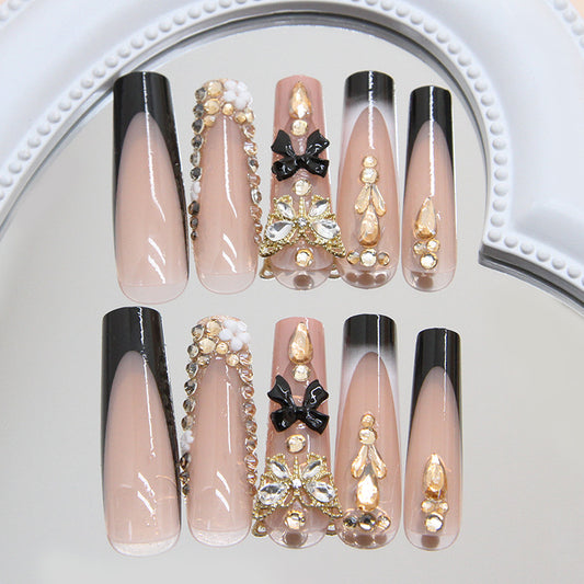 Glamorous Elegance Long Coffin Shaped Beige and Black Press on Nail Set with Rhinestone and Bow Accents