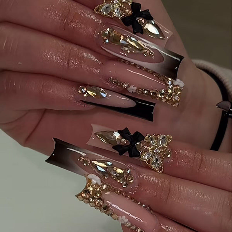 Glamorous Elegance Long Square Black and Beige Press-On Nail Set with Stunning Rhinestone and Floral Accents