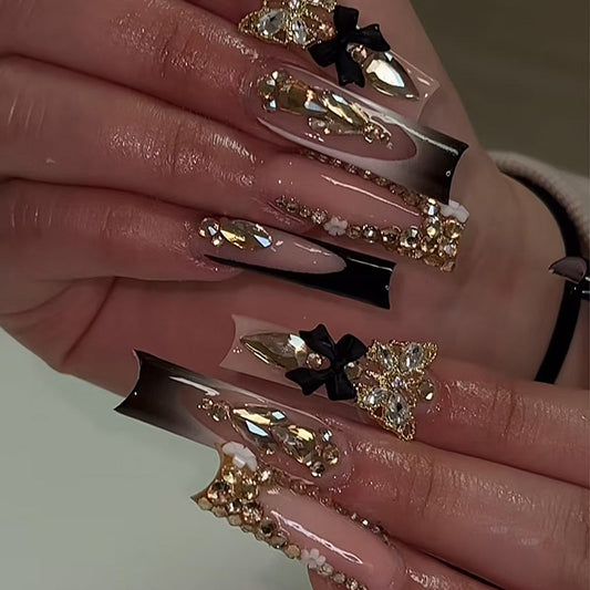 Glamorous Elegance Long Square Black and Beige Press-On Nail Set with Stunning Rhinestone and Floral Accents