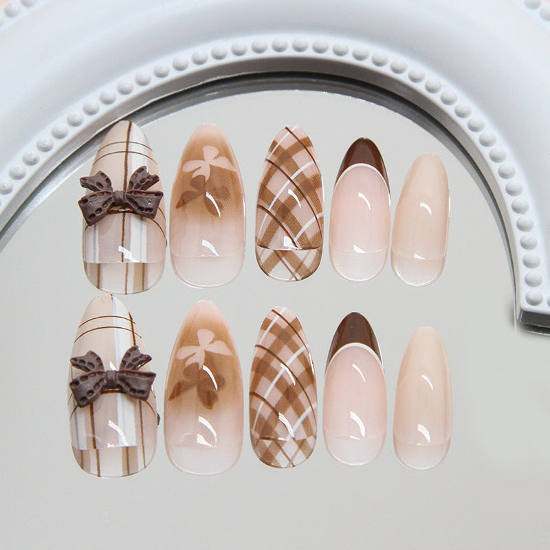 Chic Autumn Vibes Short Almond Shape Brown Gradient Press On Nail Set with Decorative Bow and Plaid Design