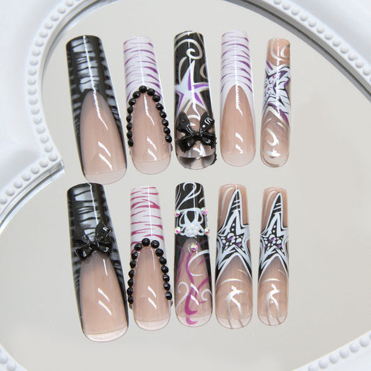 Gothic Glamour Long Square Black and Purple Press On Nail Set with Intricate Designs and Embellishments