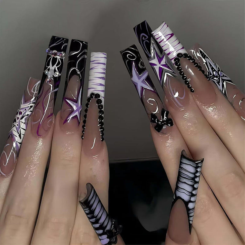 Eerie Elegance Long Square Shaped Black and Purple Press-On Nails with Glamorous Design Elements