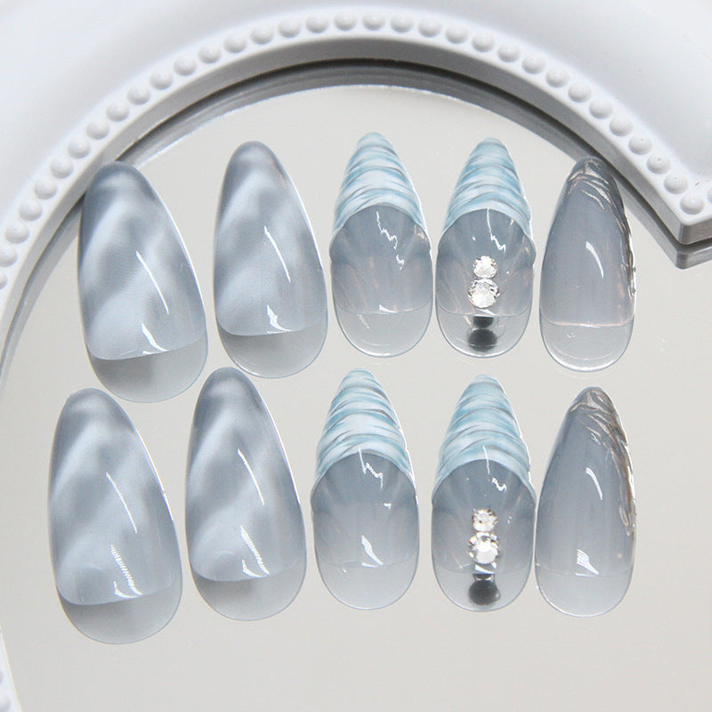 Dreamy Ocean Vibes Medium Almond Shaped Clear and Blue Gradient Press On Nail Set with Sparkling Accents