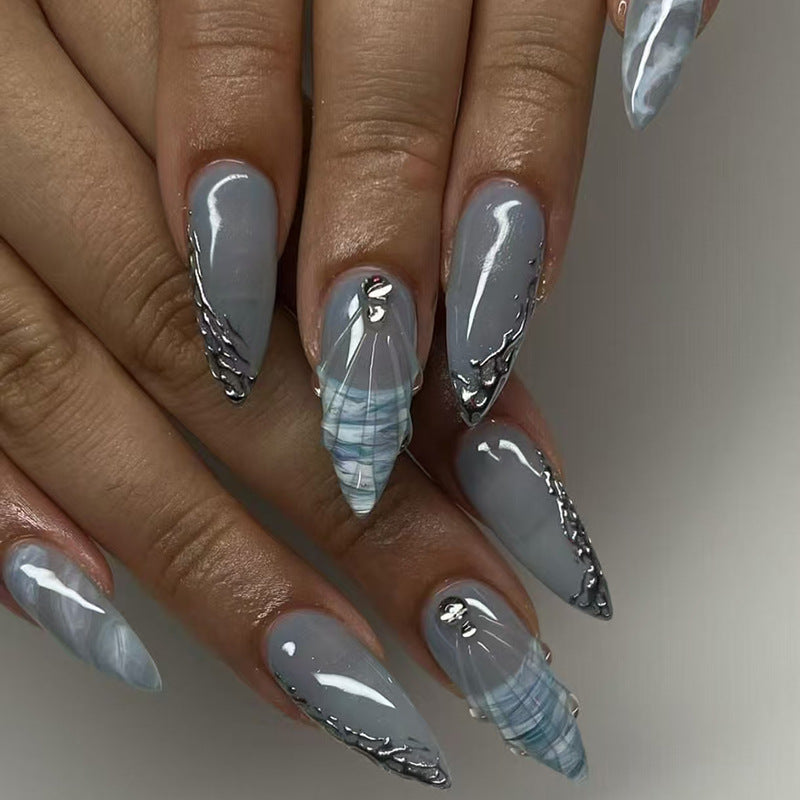 Ocean Breeze Elegant Long Almond Gray Nails with Unique Shell Design