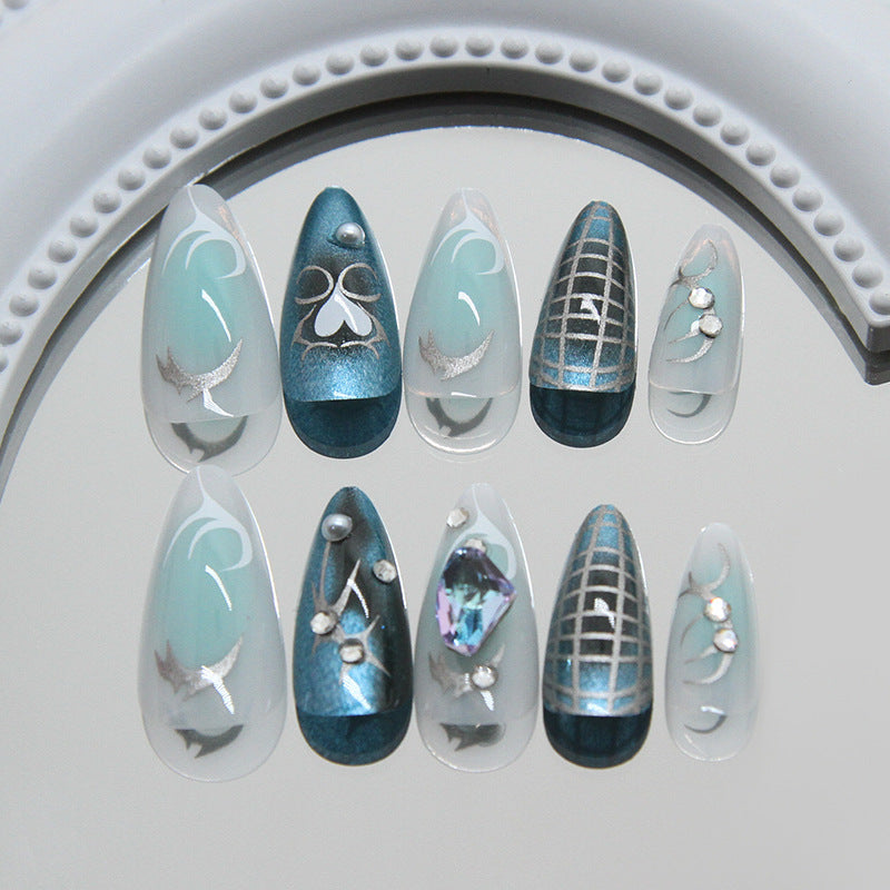 Elegant Ocean Breeze Short Almond Shape Teal and Clear Press On Nail Set with Unique Metallic Accents and Gemstone Details