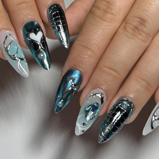 Celestial Glamour Long Stiletto Metallic Blue and Silver Press-On Nail Set with Unique Pearl and Gemstone Accents