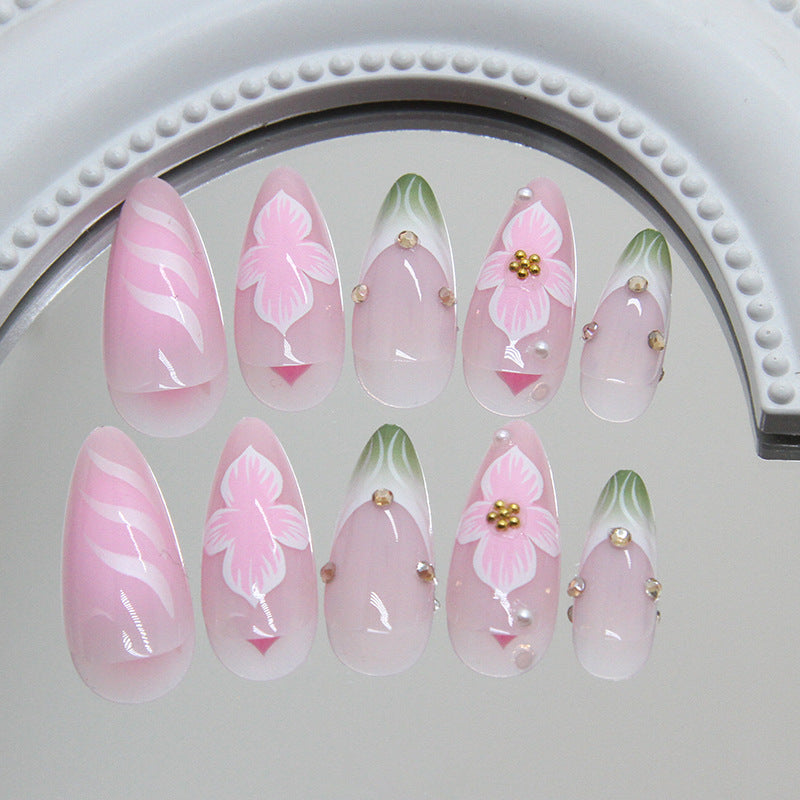 Blossoming Elegance Pink Short Almond Shaped Long Lasting Press On Nail Set with Floral Accents and Gemstone Details