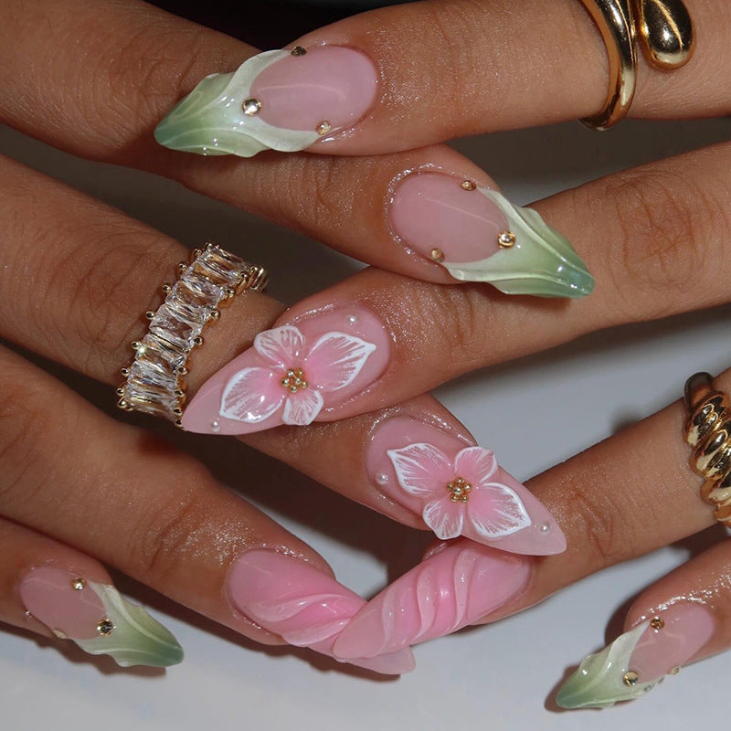 Floral Dream Long Almond Pink Green Ombre with Charming Floral Accents and Glimmering Gems Press On Nail Set