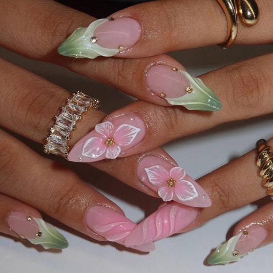Floral Dream Long Almond Pink Green Ombre with Charming Floral Accents and Glimmering Gems Press On Nail Set
