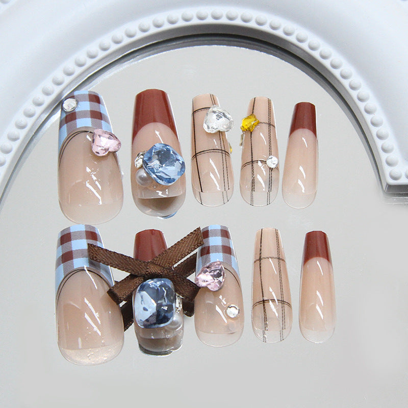 Timeless Elegance Long Coffin Shape Soft Brown and Beige with Chic Gemstone Accents Press-On Nail Set