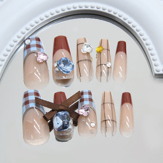 Timeless Elegance Long Coffin Shape Soft Brown and Beige with Chic Gemstone Accents Press-On Nail Set