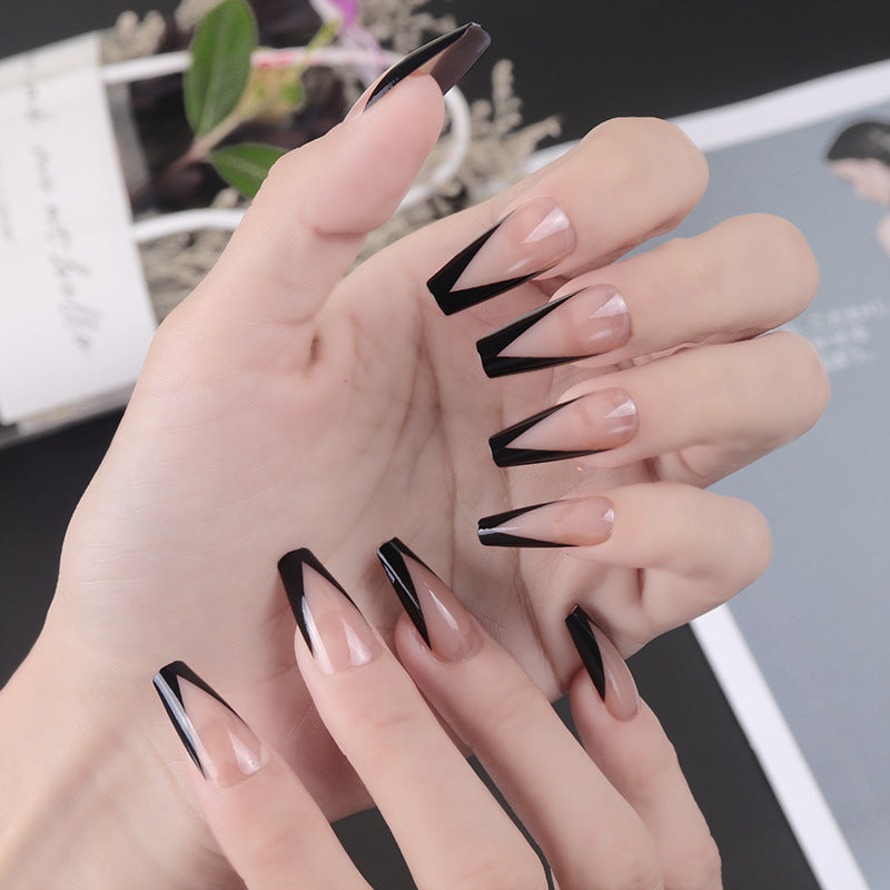 Gothic Elegance Long Coffin Press On Nails Black and Beige V Tips Fashion Statement Set