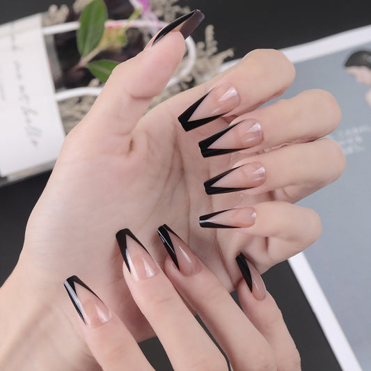 Gothic Elegance Long Coffin Press On Nails Black and Beige V Tips Fashion Statement Set