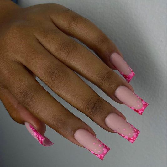 Sweetheart Love Press On Nail Set Long Square Pink Ombre with Heart Dot Design