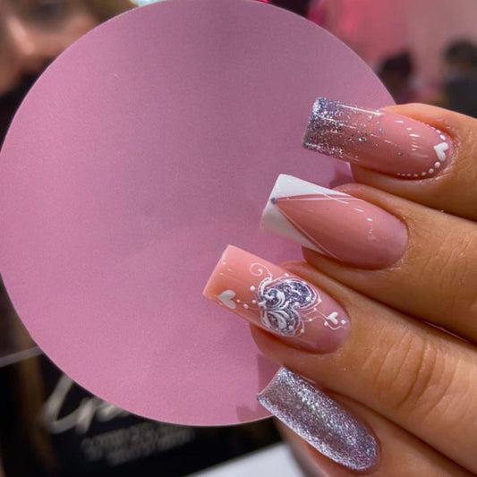 Glamorous Celebration Stunning Medium Square Soft Pink Elegant Glitter Design Press On Nail Set